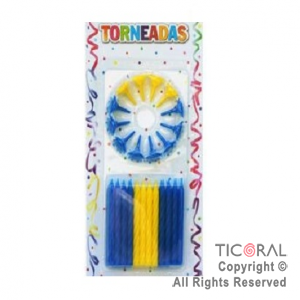 VELA 6 CM TORNEADA CON PORTAVELAS AZULES Y AMARILLAS x 24